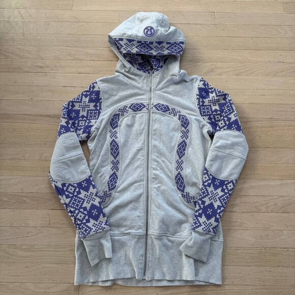 Lululemon Special Edition Fair Isle Scuba Hoodie Purple-Gray Knit Panels Size 12 - Picture 1 of 9